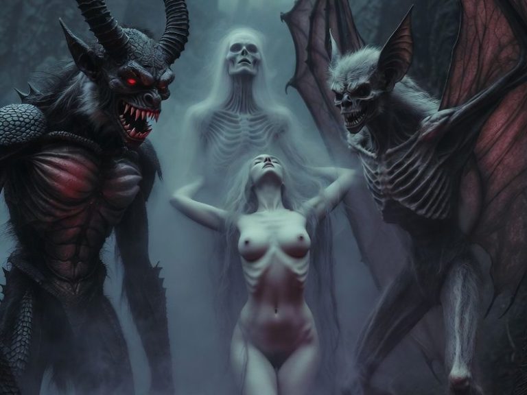 Dämonen und Fabelwesen umgeben eine hilflose Frau in einem düsteren Wald.